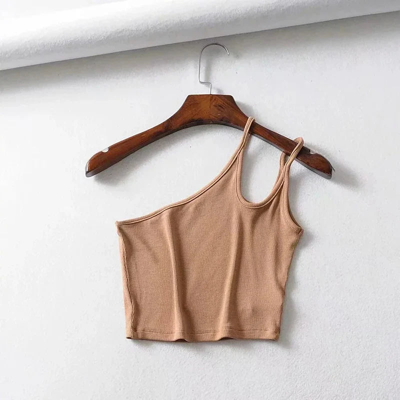 One Shoulder Ribbed Camis Women Summer Double Strap Slim Fit Tank Tops 90s Cool Girls Streetwear Strench Tees 2023 Khaki