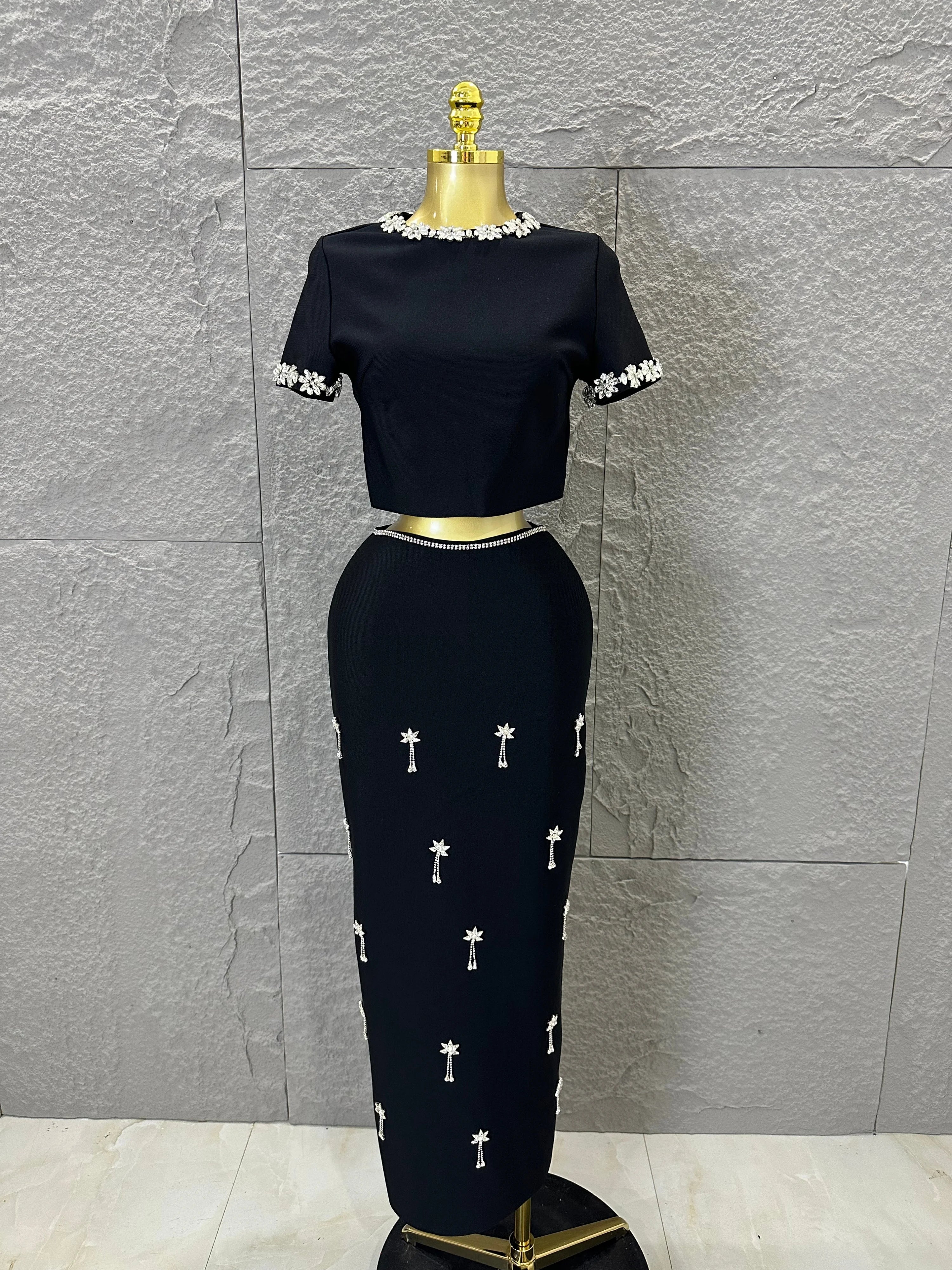 Black White Two Piece Set Women Elegant Short Sleeve Beaded Crop Top High Waist Pencil Midi Skirt Formal Suit black