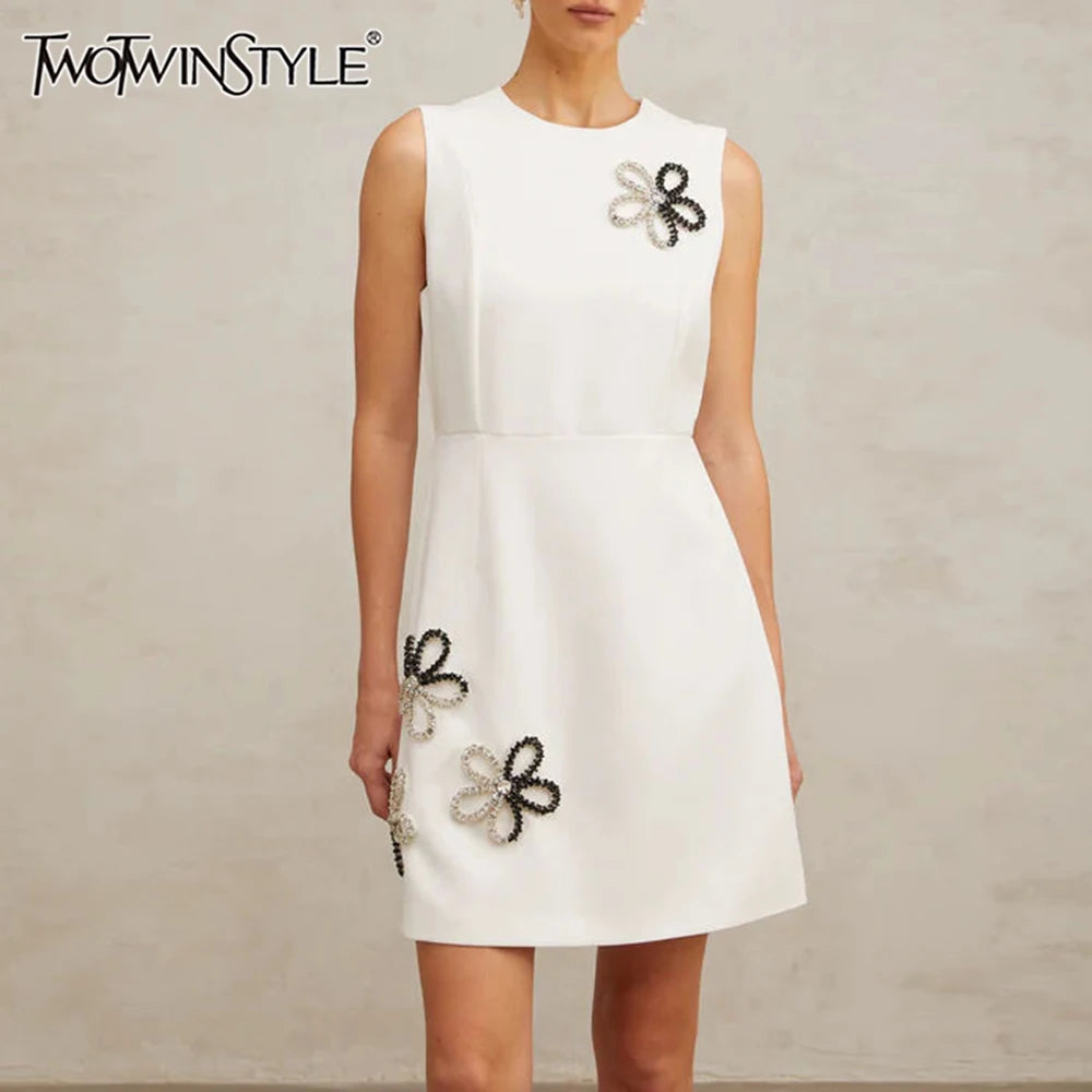 Solid Slimming Elegant Dresses for Women Round Neck Sleeveless Patchwork Bead Fashion Mini Dress Female Clothing