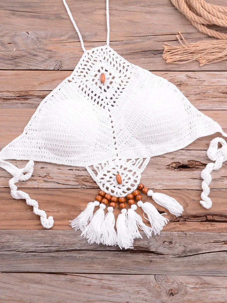 Bikini 2022 knitting Swimsuit Crochet Bikini Bohemia Style Off Shoulder High Neck Bathing Beach Bikinis Handmade Crochet Bikini White Top