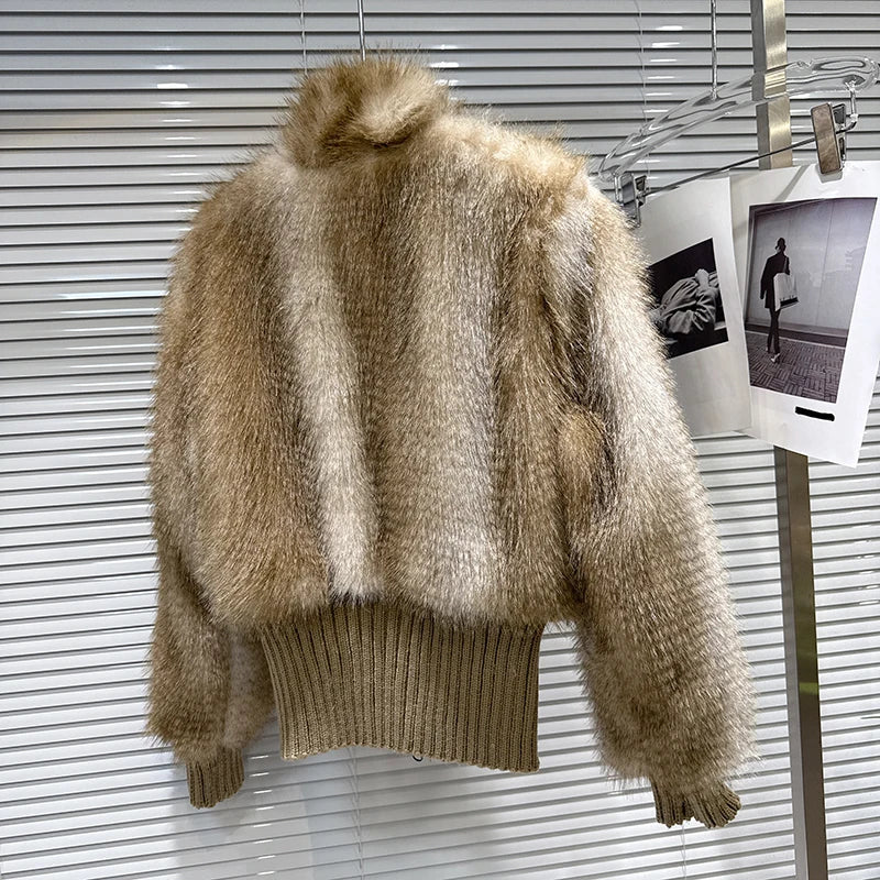 Winter New Fashion Gradient Wool Thread Waist-Cinching Faux Fur Short Coat For Women Stand Collar Jacket 11A07649