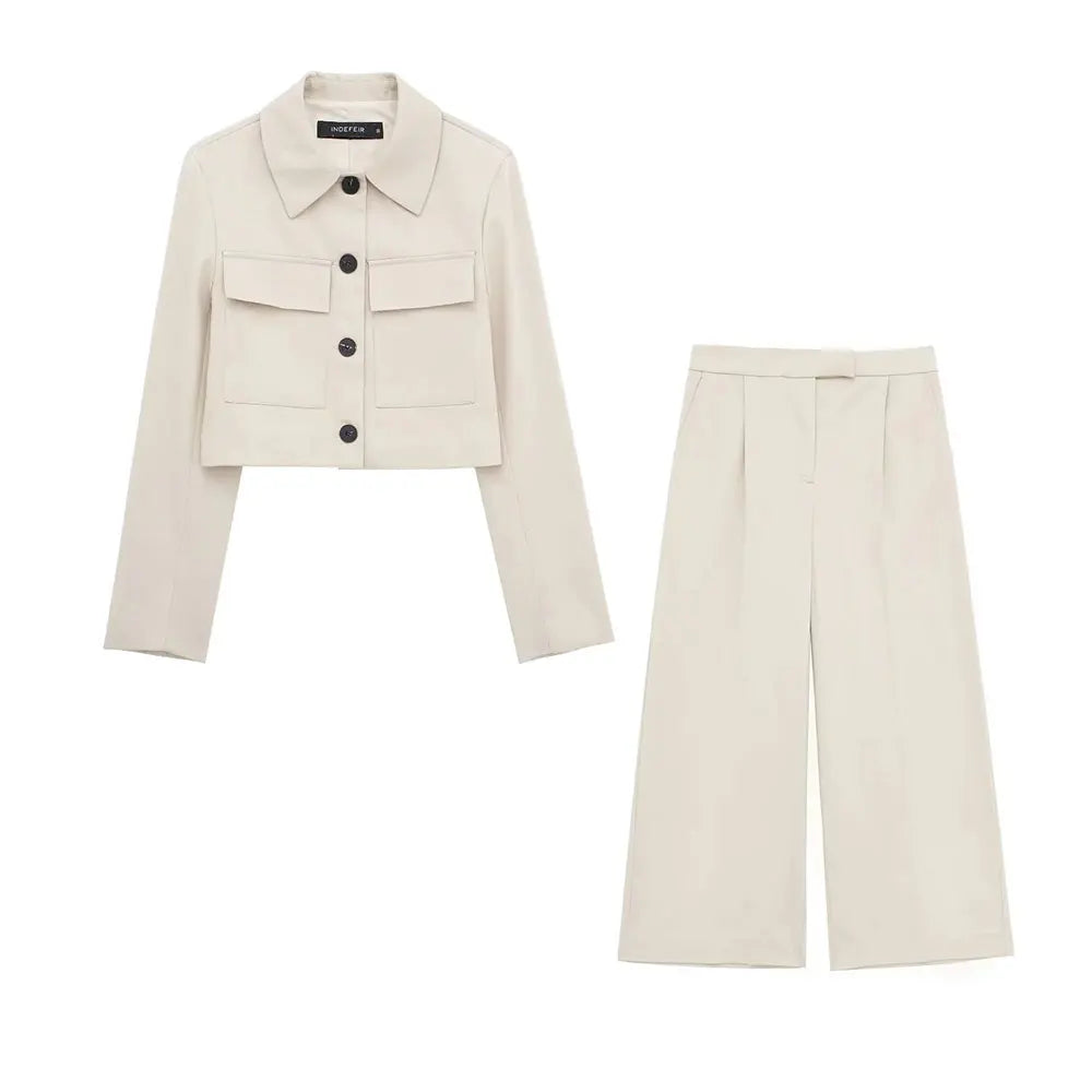 TRAF Spring Women's Fashion Beige Blazer Suit Single Breasted Jacket Women's High Waist Casual Baggy Pants 2-piece Set khaki suit