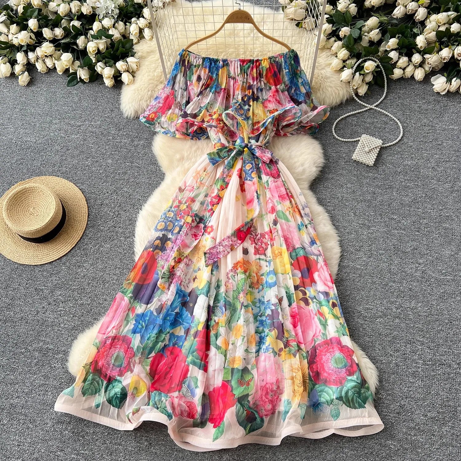 Summer Off Shoulder Gorgeous Flower Holiday Dress Women's Slash Neck Ruffles Batwing Sleeve Print Casual A-Line Beach Vestidos beige
