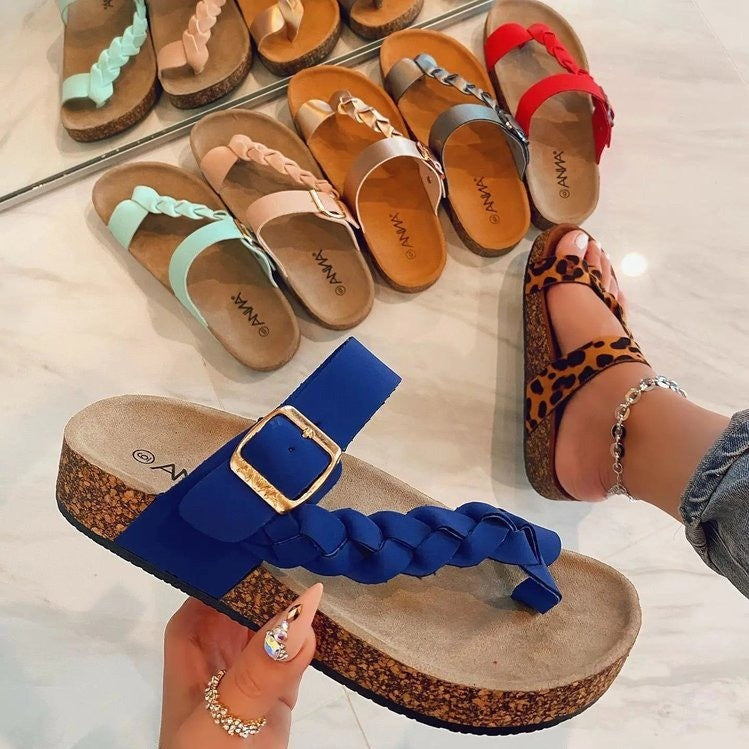 Women Sandals Flats Fashion Plait Leopard Summer Shoes Women Slippers Wear-Resistant Beach Ladies Sandals Female Shoes Blue