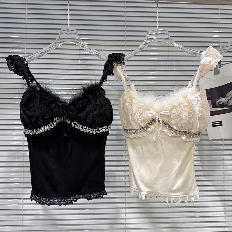 Winter New Sweet Temperament Rhinestone Edge Furry Shoulder Strap Camisole Top For Women Slim Fit Vest Female 11A07898