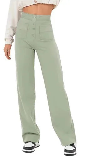 Women's High-waisted Elastic Casual Trousers Fashionable Casual Straight-leg Pants Buttoned Elegant Casual Pants Pea green
