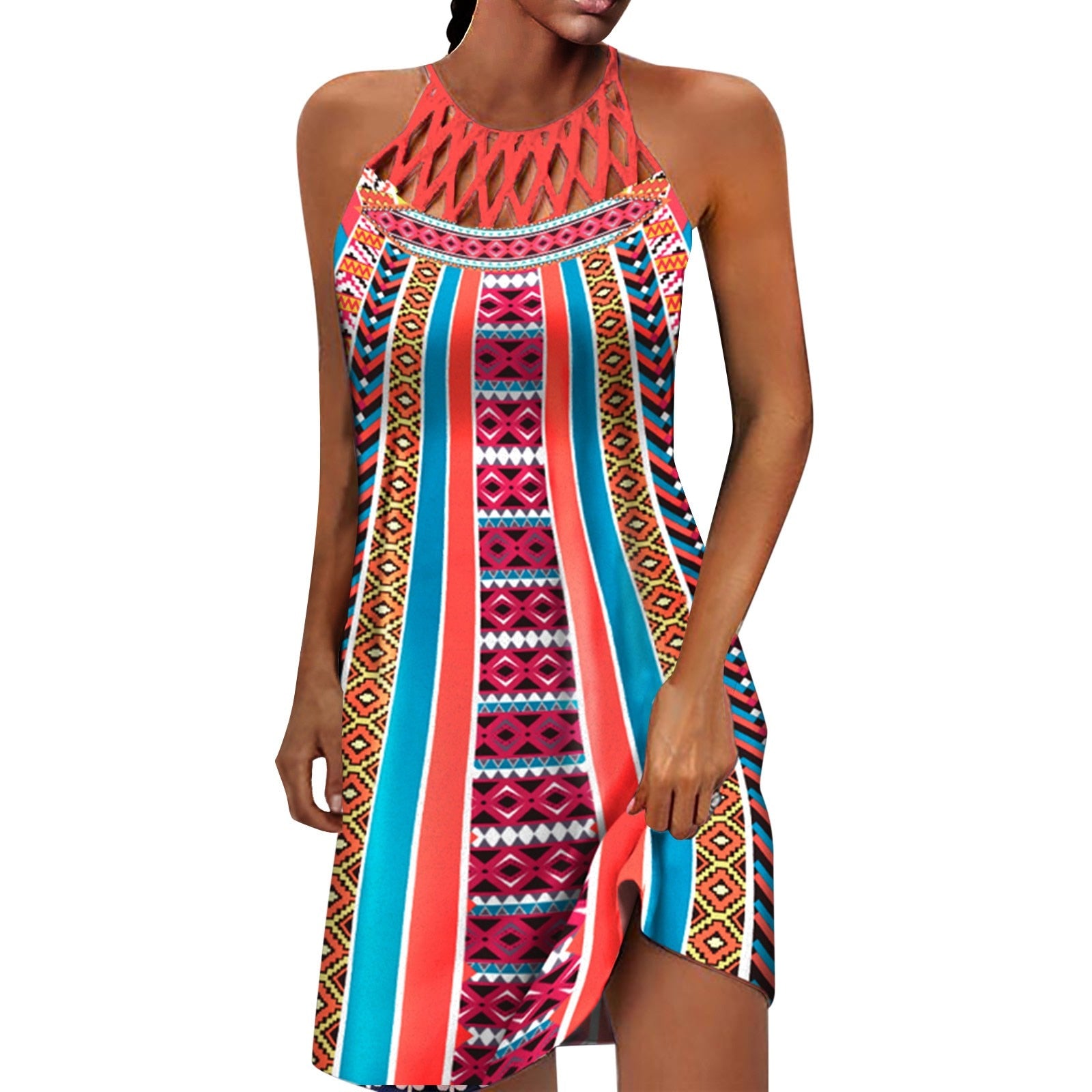 Summer Woman Vintage Tribal Print Off Shoulder V-Neck Design Casual Sleeveless Mini Boho Vacation Dress Vestido