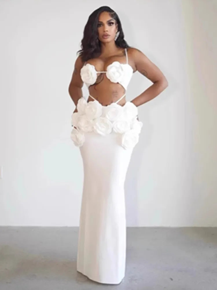 Women Celebrity Sexy Backless Halter Flower Brown Maxi Long Bandage Skirt Set 2025 Knitted Elegant Evening Club Party Clothing WHITE