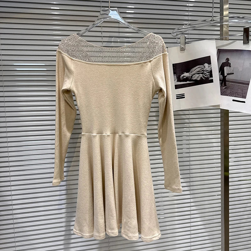 Winter New Elegant Fashion Rhinestone Mesh Collar With Belt Chest Pad Knitted Dress For Women Slim Dresses 11A07734