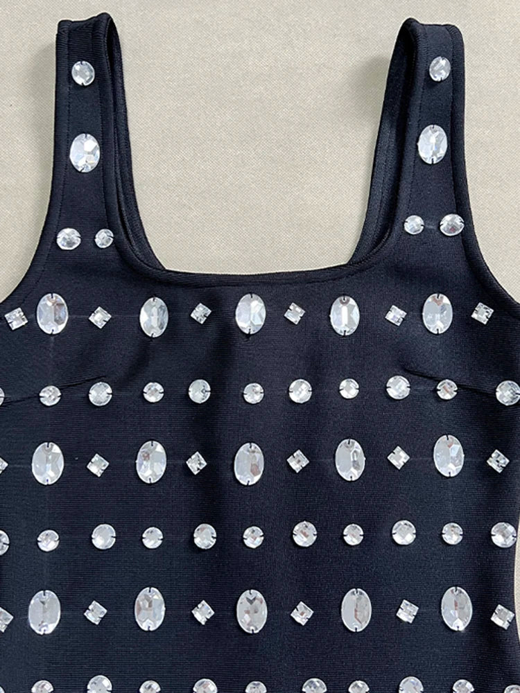 Women'S Black Sexy Sleeveless Square Neck Luxurious Crystal Bandage Maxi Long Dress Elegant Party Cocktail Evening Dress