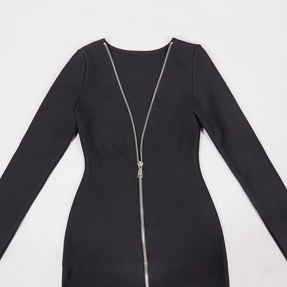 2024 Sexy Women's Dress Front and Back Wearable O-neck Long sleeved Bodycon Zipper Design Midi Dresses Evening Party Vestidos