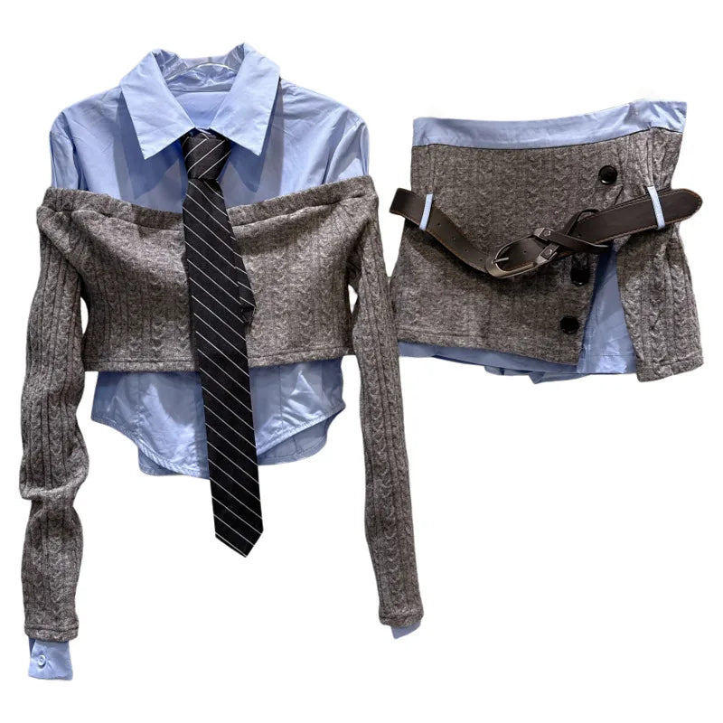 Winter New Trendy Sweet Fashion Tie Single-brasted Shirt Sweater Belted Short Skirt Three-Piece Set For Women 11A07596
