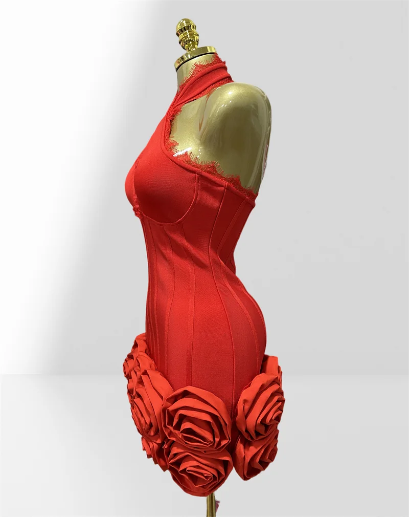 Stereoscopic Folwer Sexy Deep V-Neck Halter Sheath Red Bandage Mini Dress Sweet Woman Birthday Party Dress Music Festival Outfit