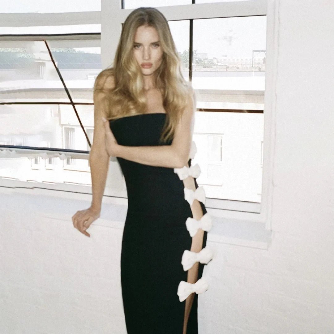 Women Sexy Strapless Side Bow Bodycon Mini Bandage Dress Fashion Celebrate Evening Party Red Carpet Dress Vestido