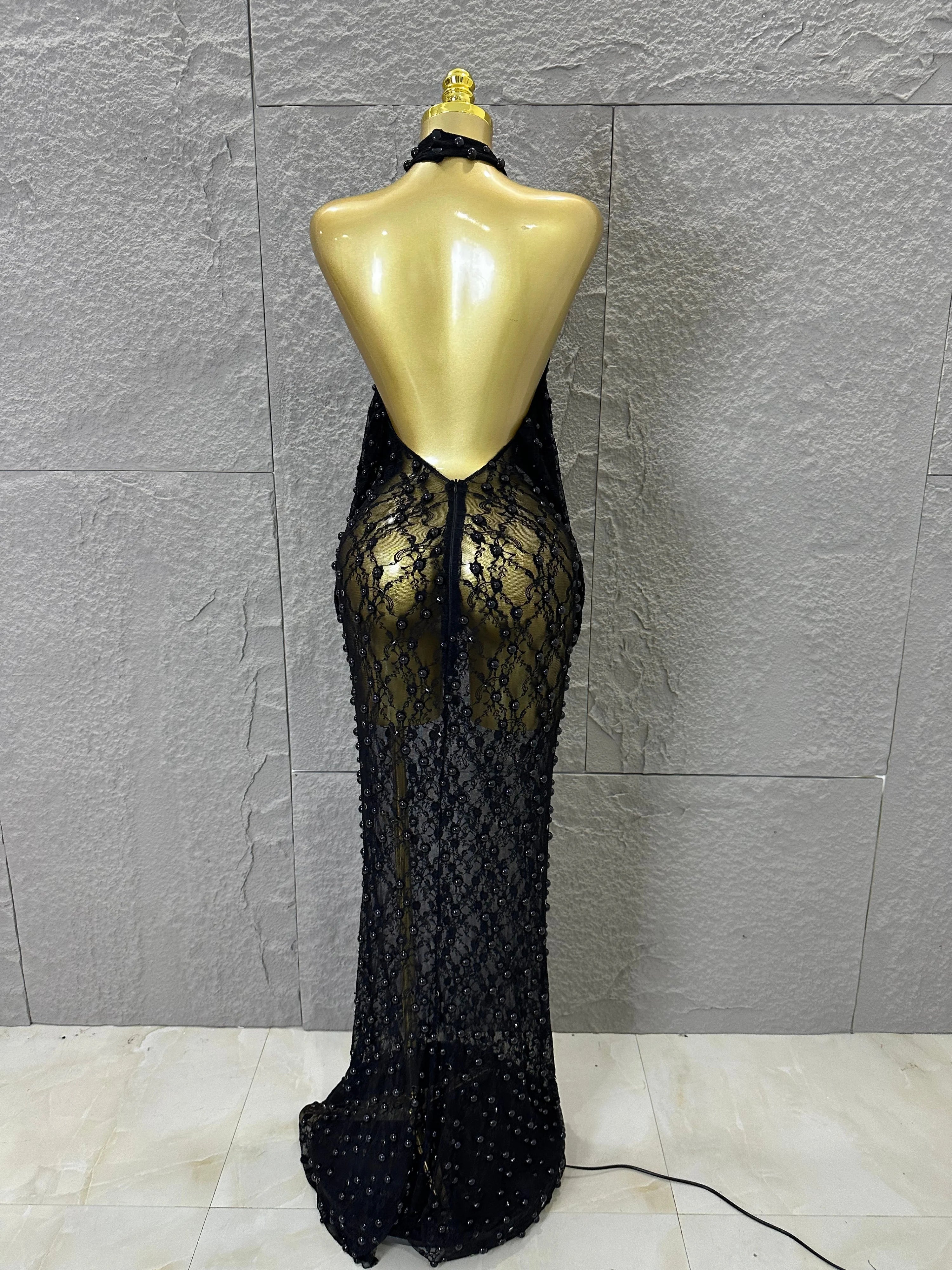 Black Opulent Halter Neck Maxi Sheer Mesh Beaded Lace Dress Form-Fitting Outfit Nightclub Party Evening Gala Costume