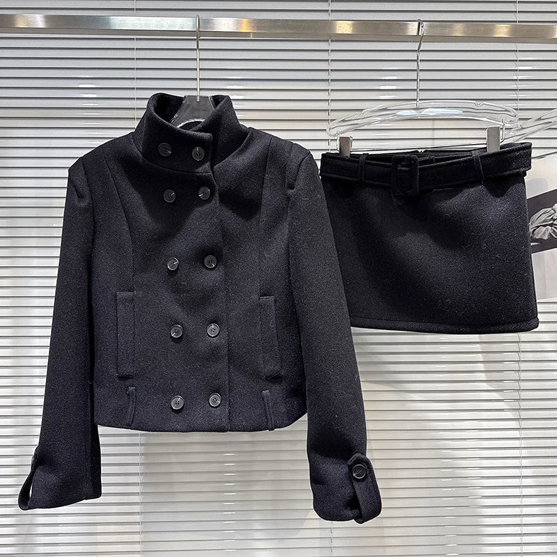 Winter New Style Elegant Double-Breasted Woolen Quilted Stand Collar Coat A-line Short Skirt Set For Women 11A07948 Black Suit