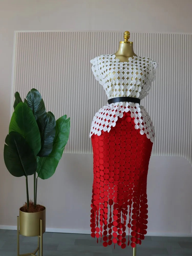 CM.YAYA Women Cutout O-neck Crop Top and Bodycon Midi Slim Maxi Long Skirt Suit 2025 Summer Vacation Sexy Two 2Piece Set Outfits