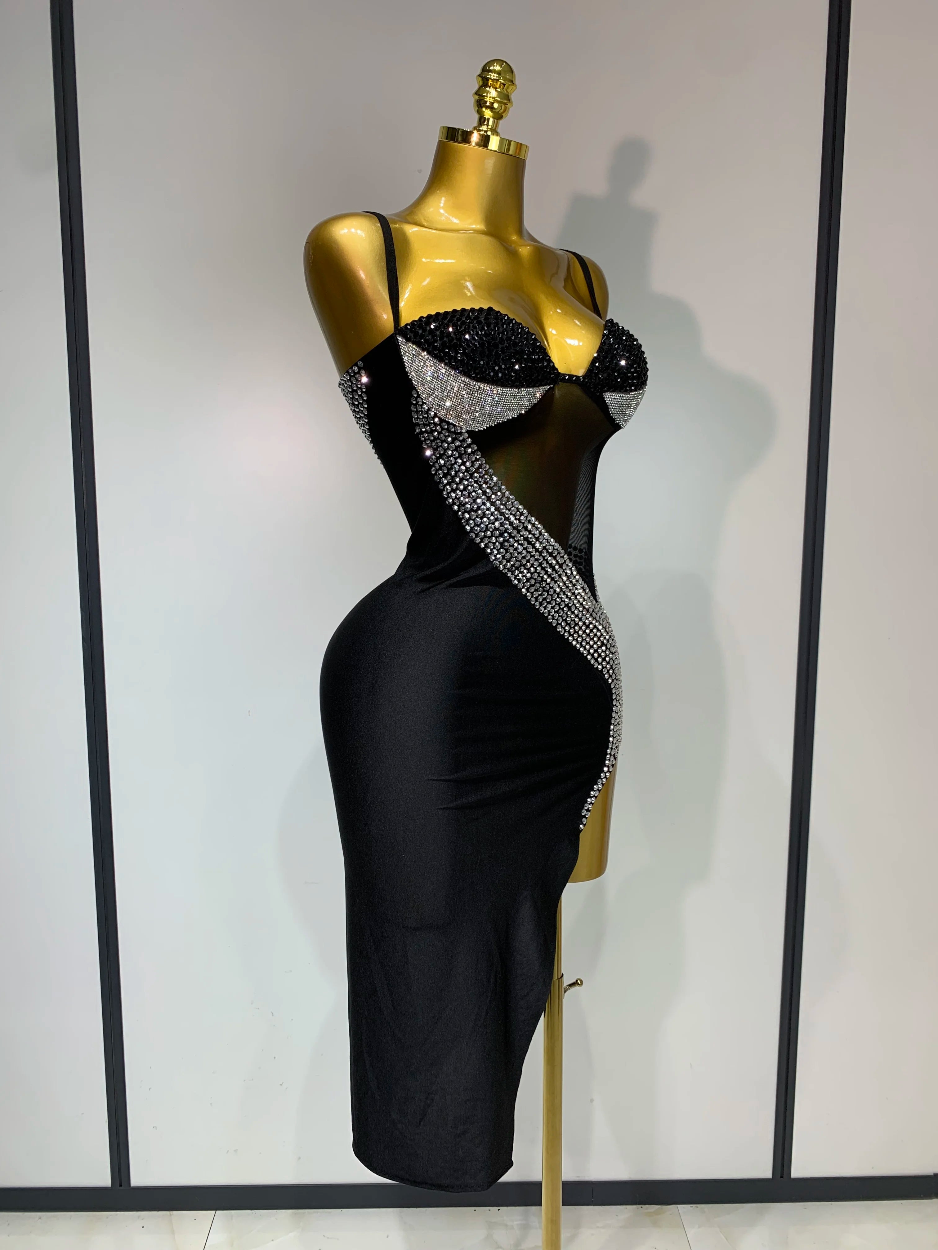 Sparkly Rhinestones Mesh Evening Party Dress Women Sexy Festival Celebrate Dj Nightclub Singer Stage Outfit Birthday Dress