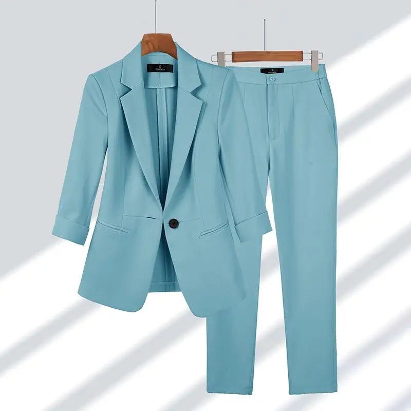Spring Summer New Elegant Suit Jacket Matching Set Women's Korean Chic Blazers Coat Pants 2 Piece Female Professional Suit Blue Set