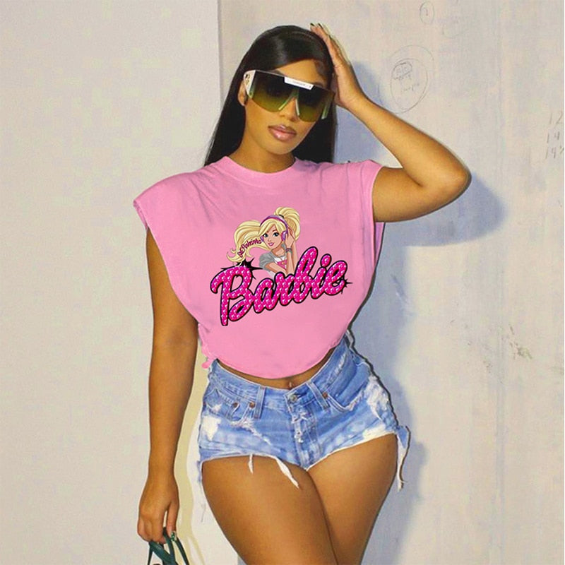 Sexy Kawaii Barbie Sleeveless Tees Fashion Summer Ladies Anime T-Shirt Ladies Y2K All-Match Sports Short Short-Sleeved Top Gifts