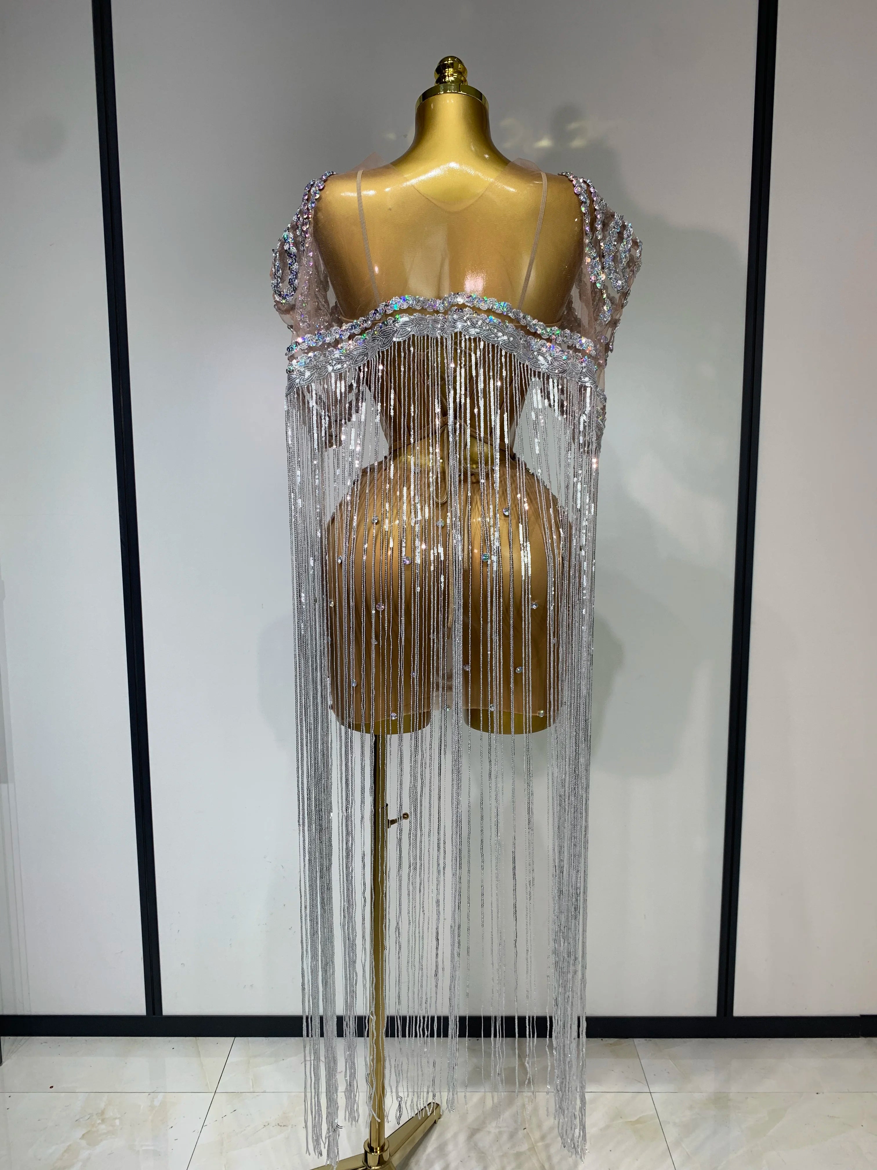 Sparkly Rhinestones Tassel Sexy Mesh Transparent Short Dress Women Evening Party Luxury Birthday Nightclub Singer Stage Costume