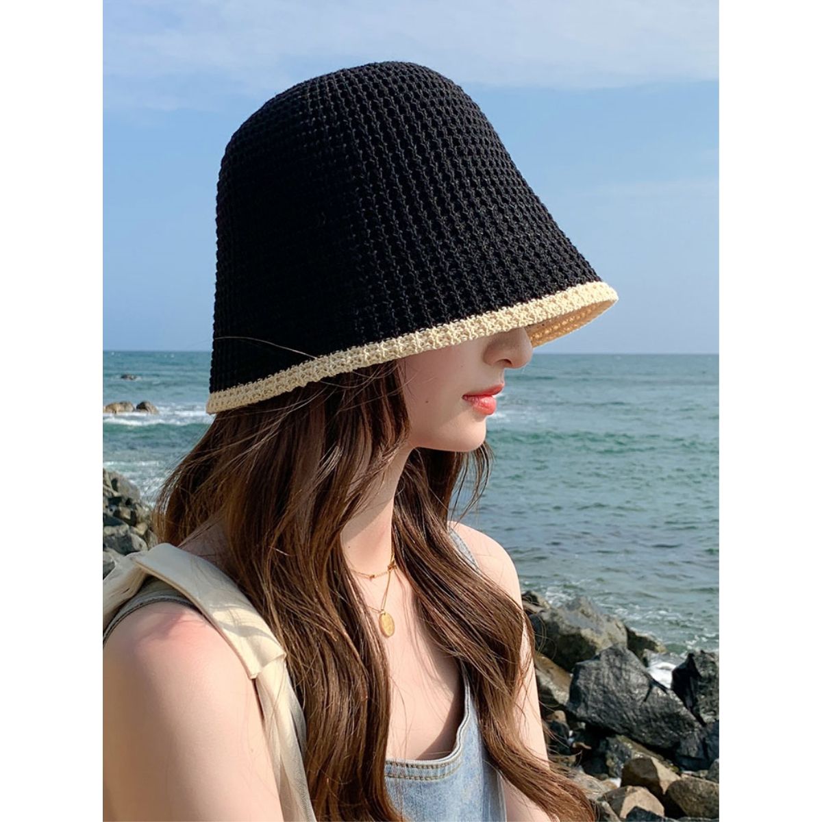 Summer Bicolor Knit Bucket Hat For Woman 2024 Trendy Black Bucket Hat Sun Caps Fashion Trend Charm Y2k Young Girl Kpop Gift Girl 1 55-59 cm