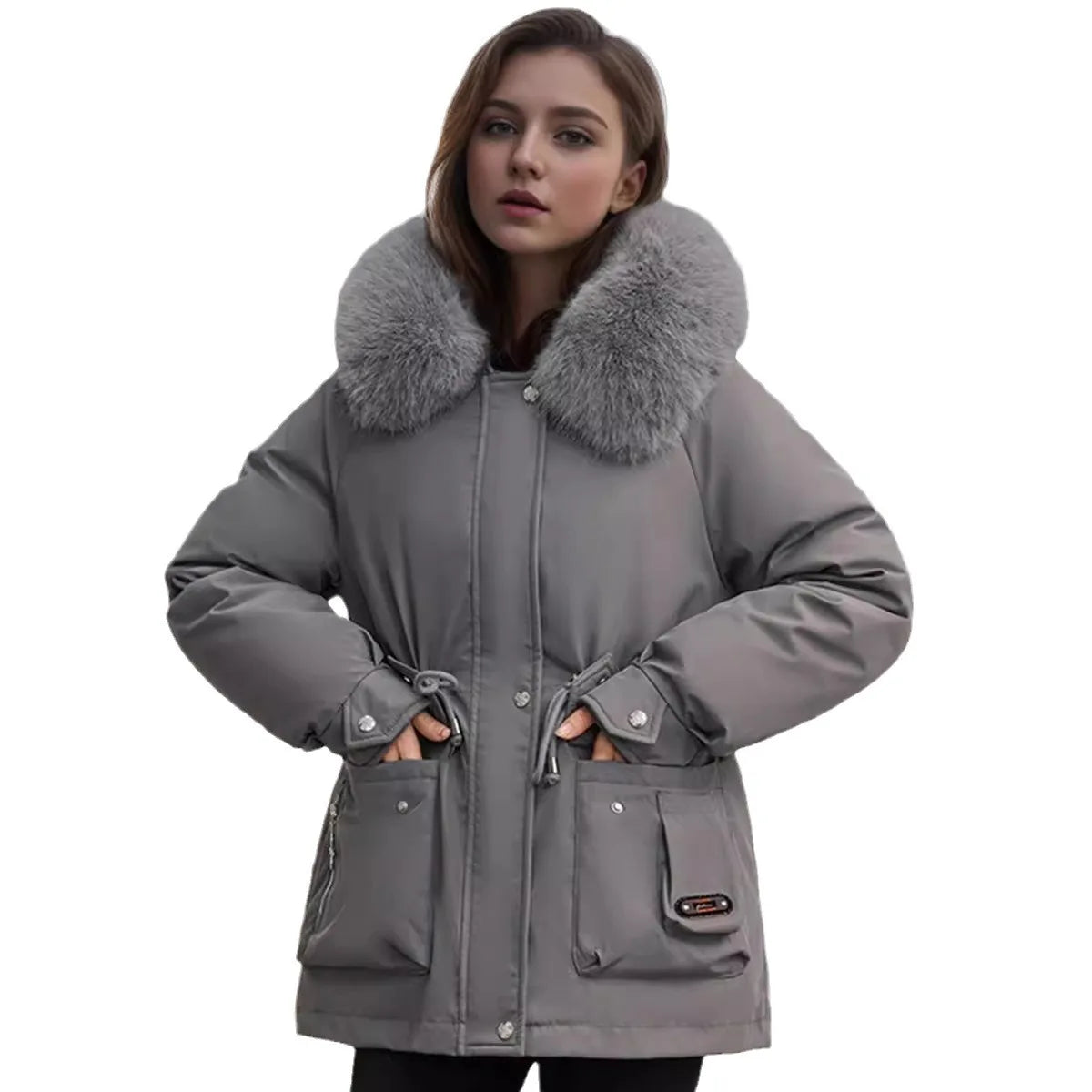 Winter Women's Jacket Fur Collar Thicken Warm Casual Cotton Jacket Female 2 Pocket Drawstring Waist Cinching Parka Jacket