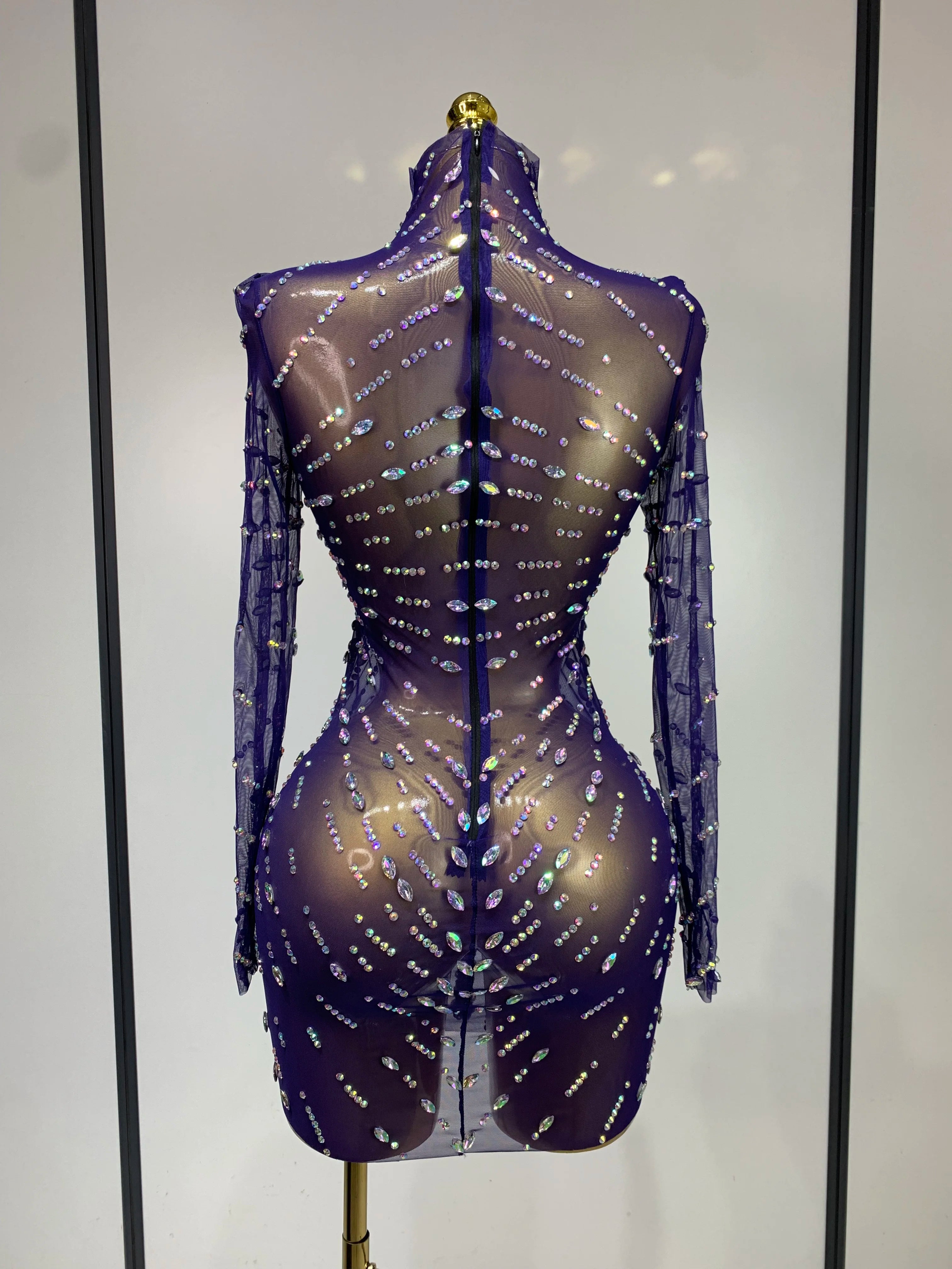 Sparkly Diamonds Mesh See Through Long Sleeves Mini Dress Women Eveing Birthday Party Sexy Nightclub Bar Singer Stage Costume
