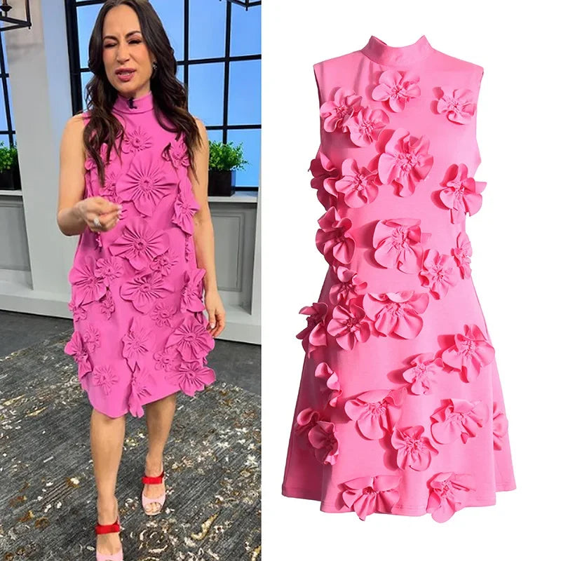 Elegant Ladylike Short Skirt Heavy Embroidery Splicing Belted Dress Women's Fashion Spring Sleeveless Dress