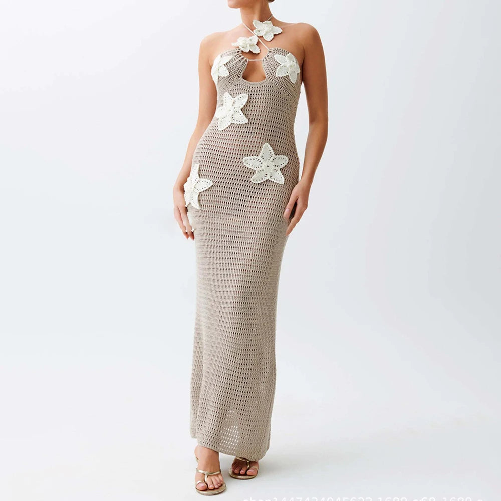 Patchwork Appliques Knitted Dress For Women Halter Sleeveless High Waist Slimming Dresses Female Fashion Clothes KHAKI