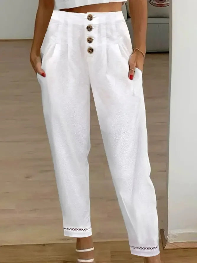Women's Casual White Pants High Waist Button Slim Solid Pockets Pencil Pants Female Soft Breathable Women Trousers Joggers White