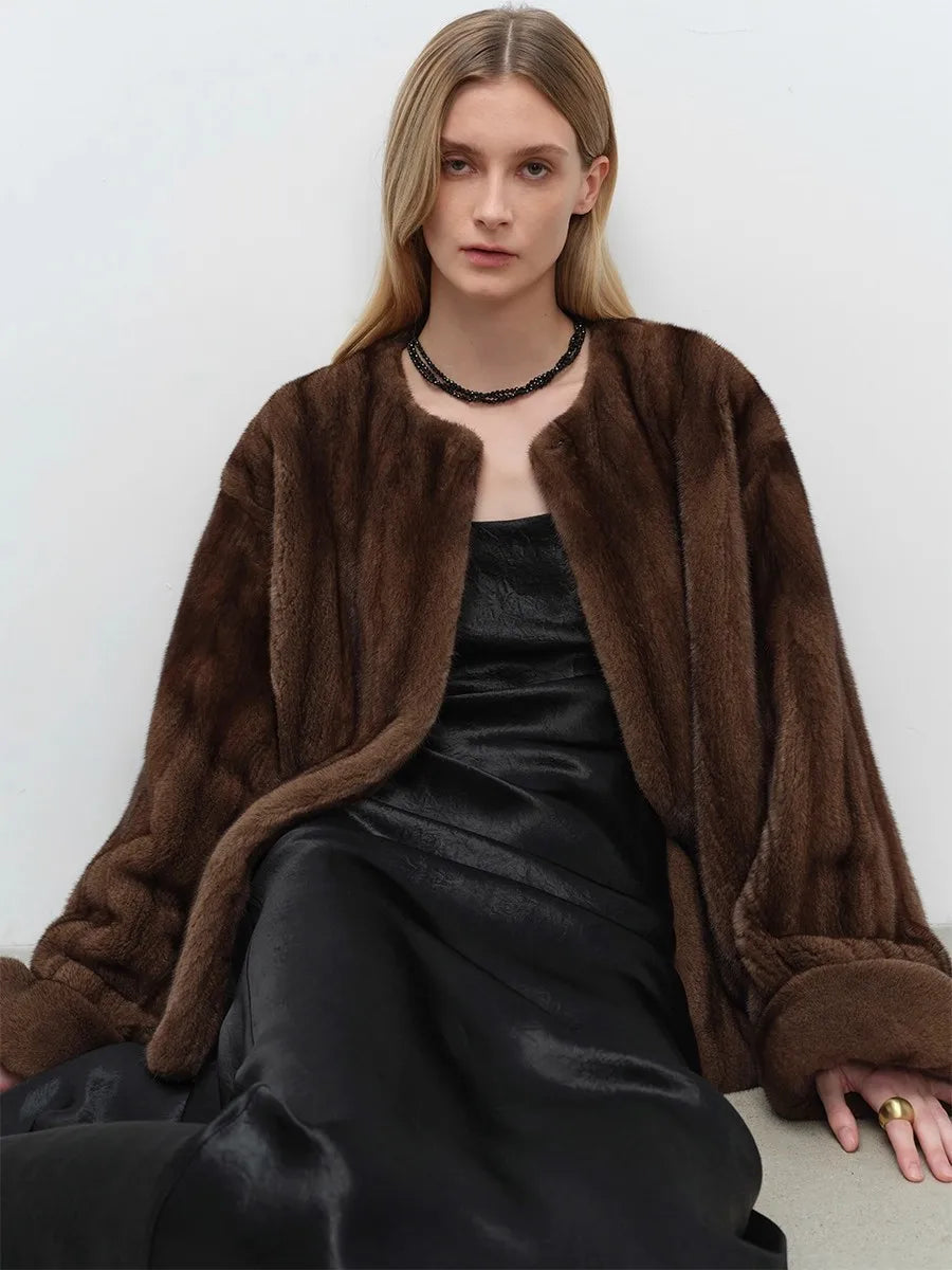 Lautaro Autumn Winter Short Luxury Elegant Thick Warm Soft Brown Faux Mink Fur Coat Women Long Sleeve Modern Chic Fluffy Jacket