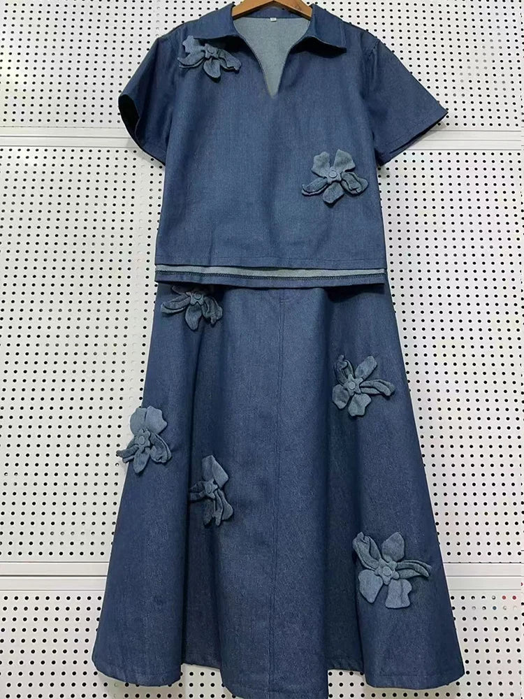 Spring 25 new denim women's suit three-dimensional flower lapel short-sleeved shirt+high waist A-shaped skirt two-piece suit