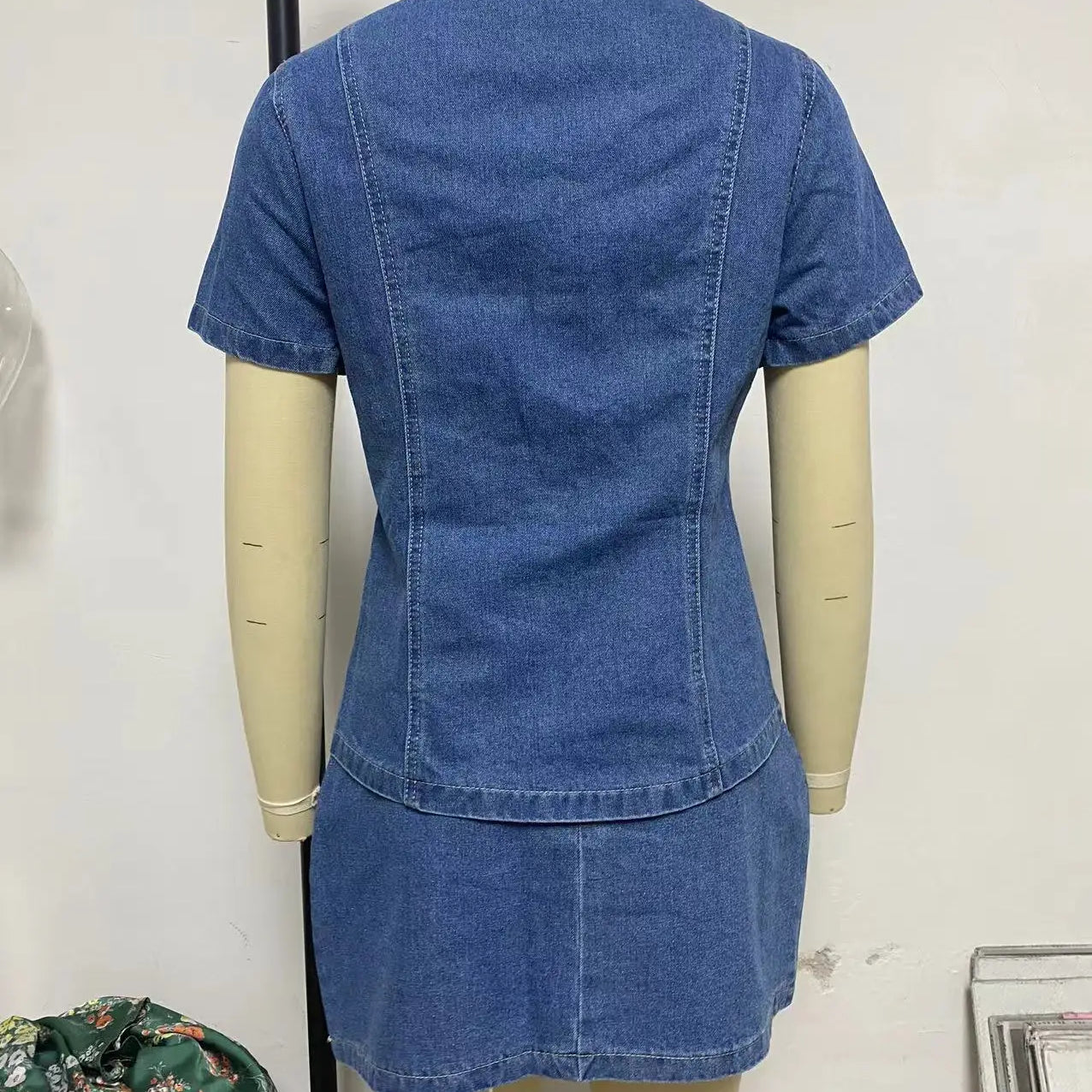 Vintage Denim Women's Set Half Sleeve Shirt Blouse and A-line Midi Mini Skirts Suit 2025 Summer Two 2 Piece Sets Outfits
