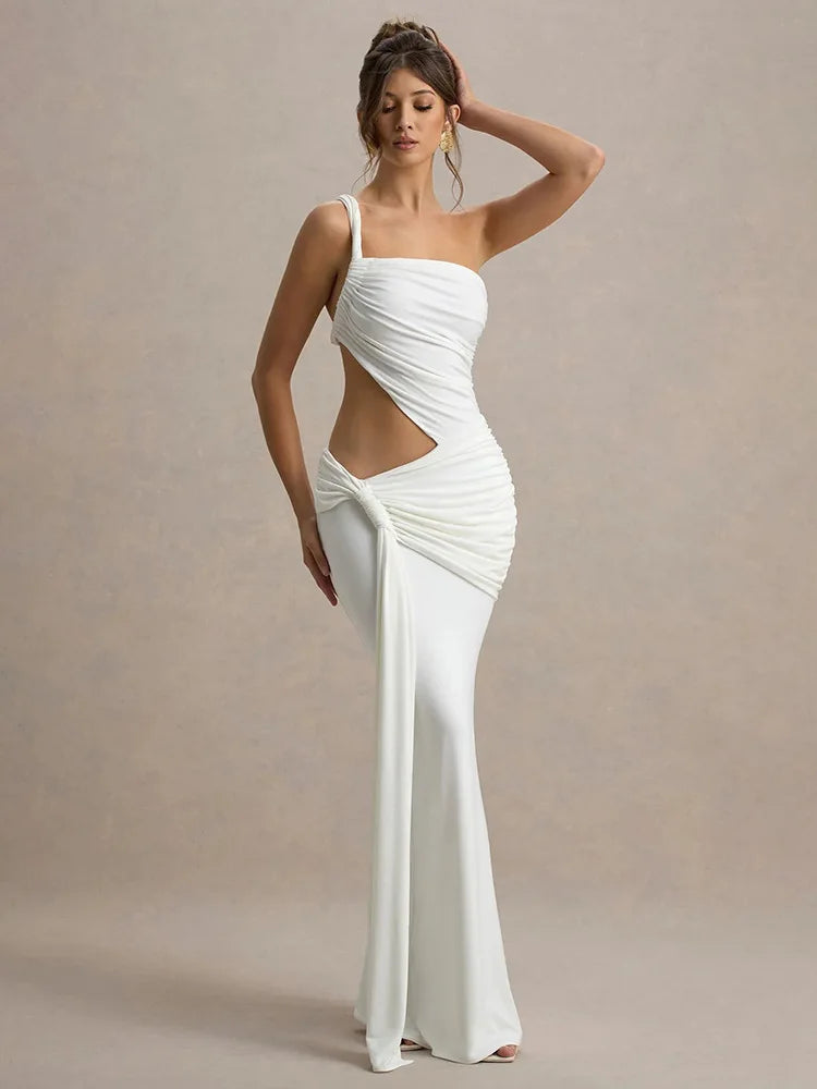 Mozision Irregular Ruched Sexy Maxi Dress For Women Gown Hollow Out One Shoulder Sleevelessdraped Bodycon Club Party Long Dress White