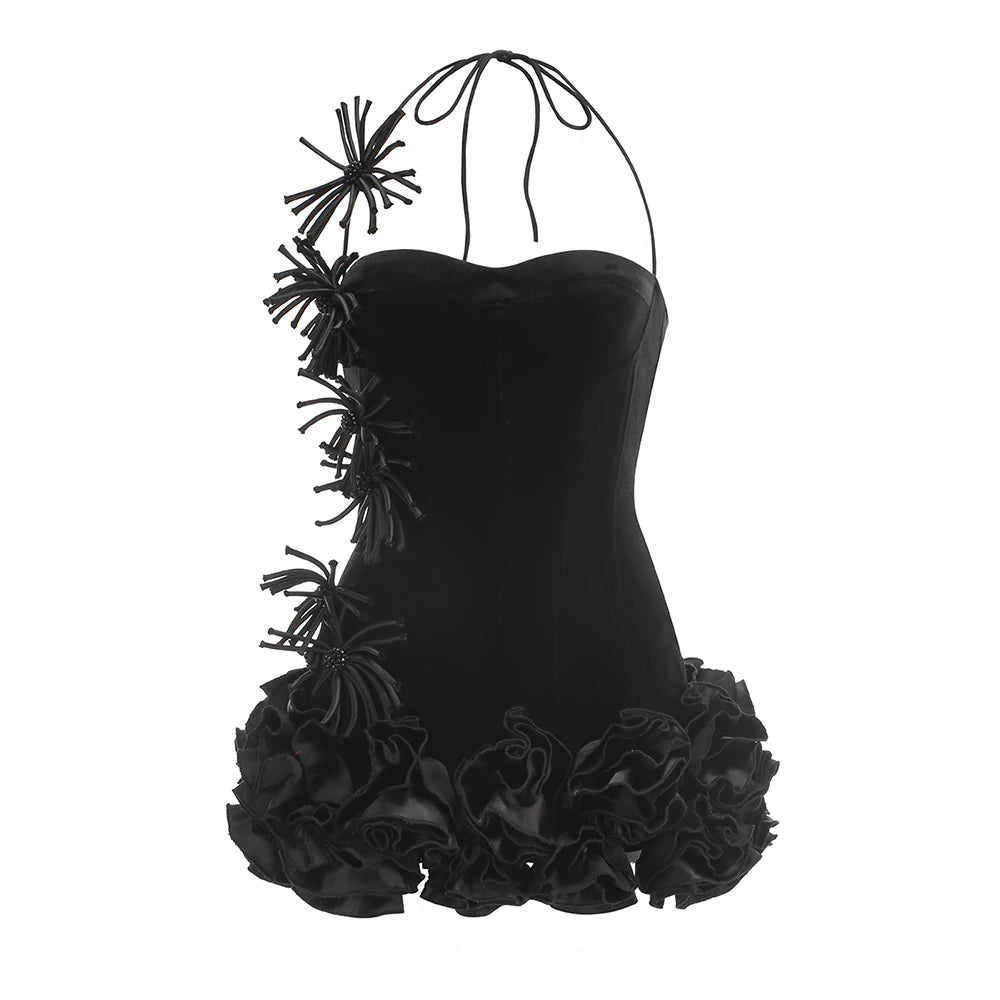 Chic Halter Sleeveless Style Corset Mini Dress with Unique Embellishments for a Special Night Out Evening Gown black