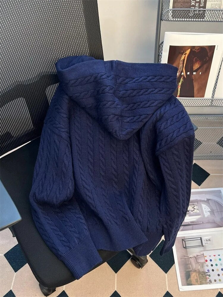 Vintage Hooded Loose Knitted Cardigan Long Sleeve Zipper Tops Retro Women Spring Fall Sweater Casual New Knitwears Gilet