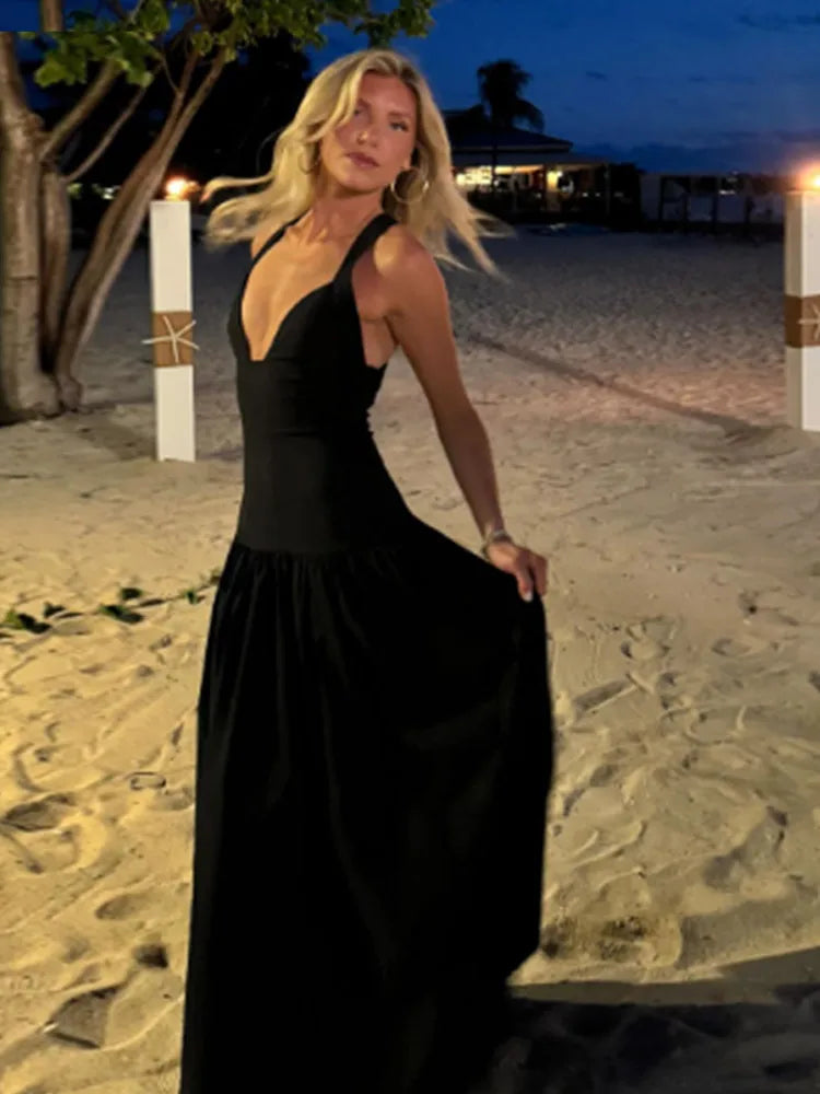 Elegant High Collar A-line Maxi Dress For Women Fashion Solid Pleated Slim Long Dresses 2024 New Lady Evening Party Prom Gowns Black