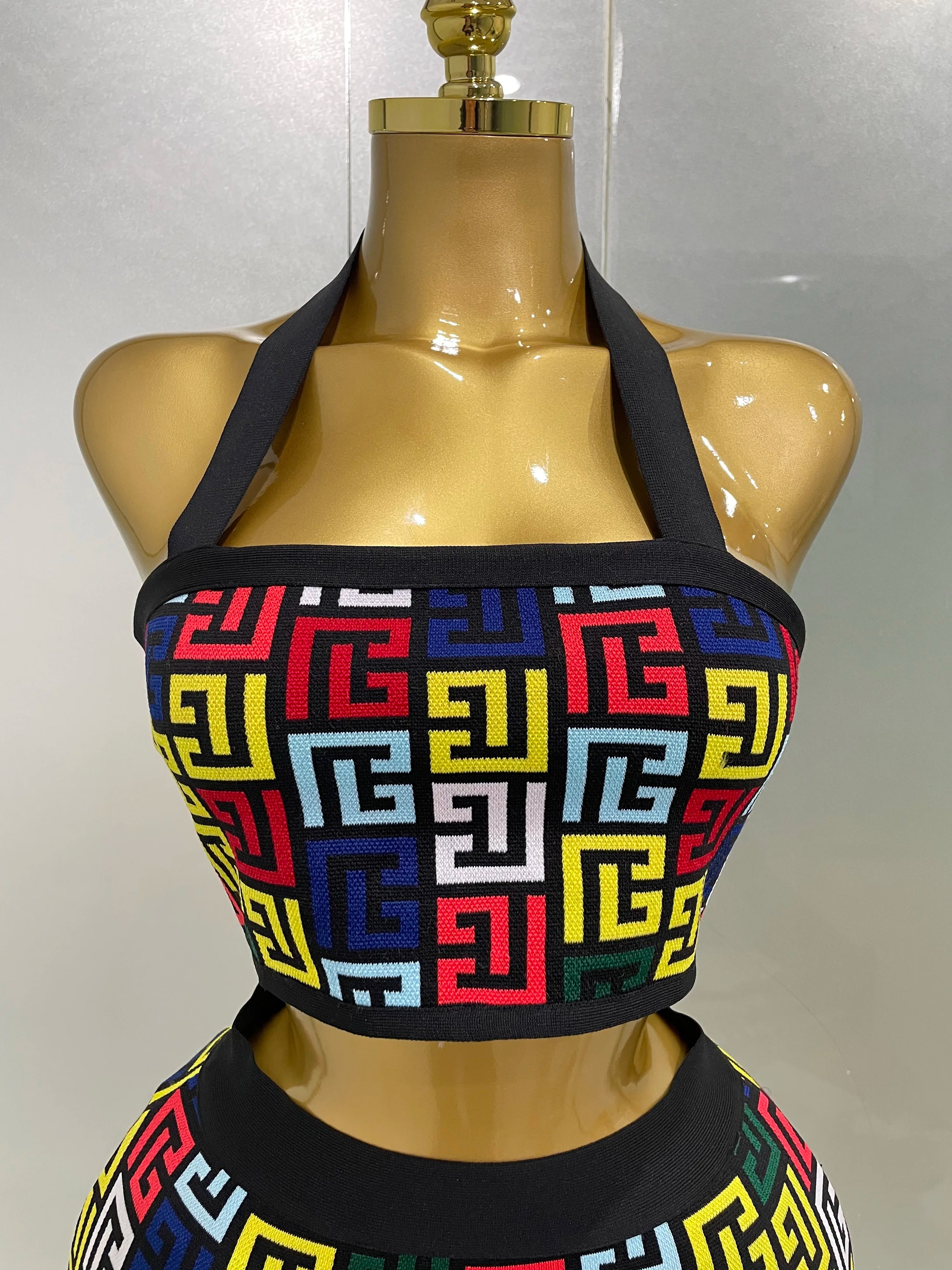 Women 2025 New Sexy Backless Halter Jacquard Two Piece Mini Skirt Bandage Set Celebrity Designer Evening Party Women's Set