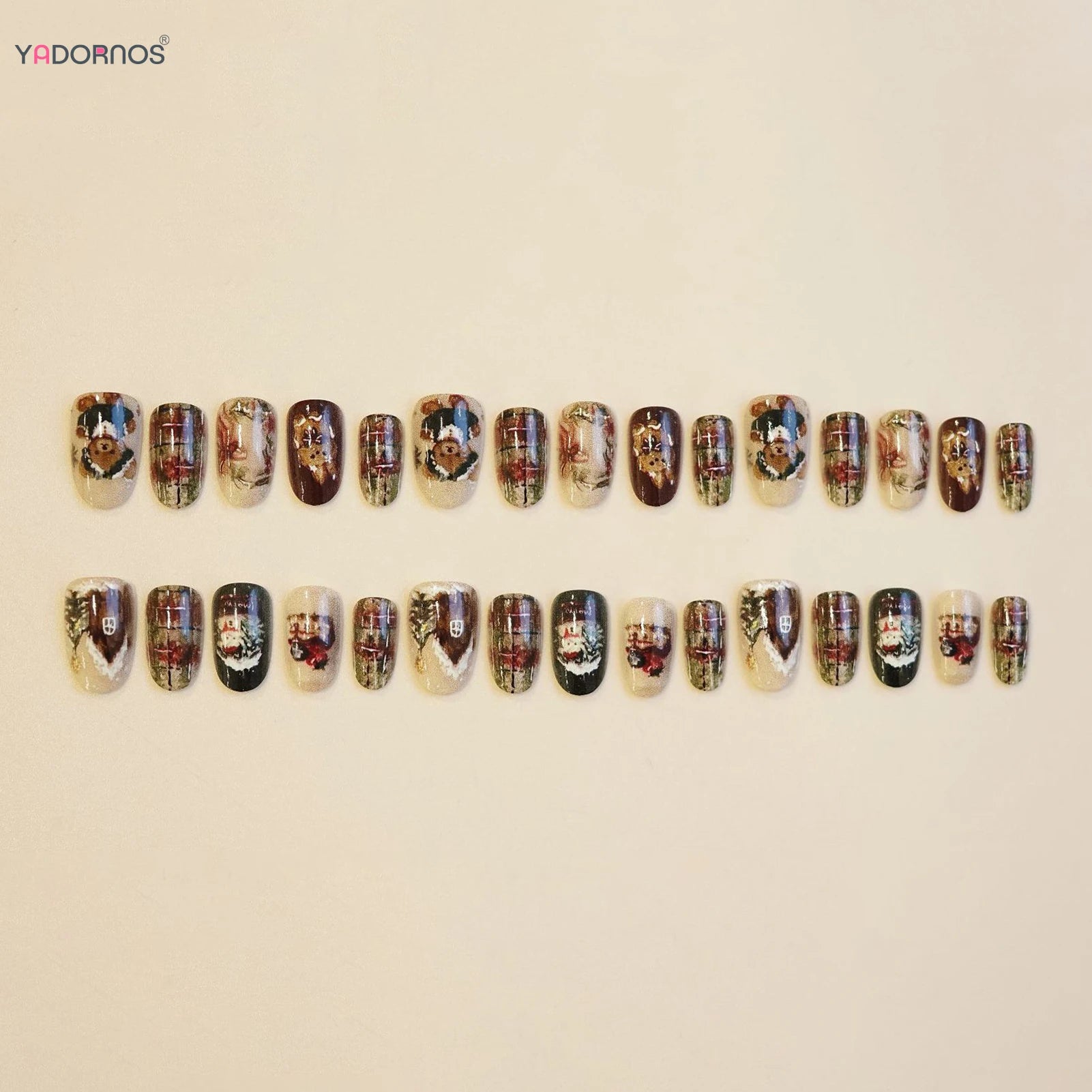 Short Oval Shaped Fake Nails Cartoon Bear/Snowman/Xmas Tree Printed Autumn Press On Nails Christmas Party False Nails 24Pcs