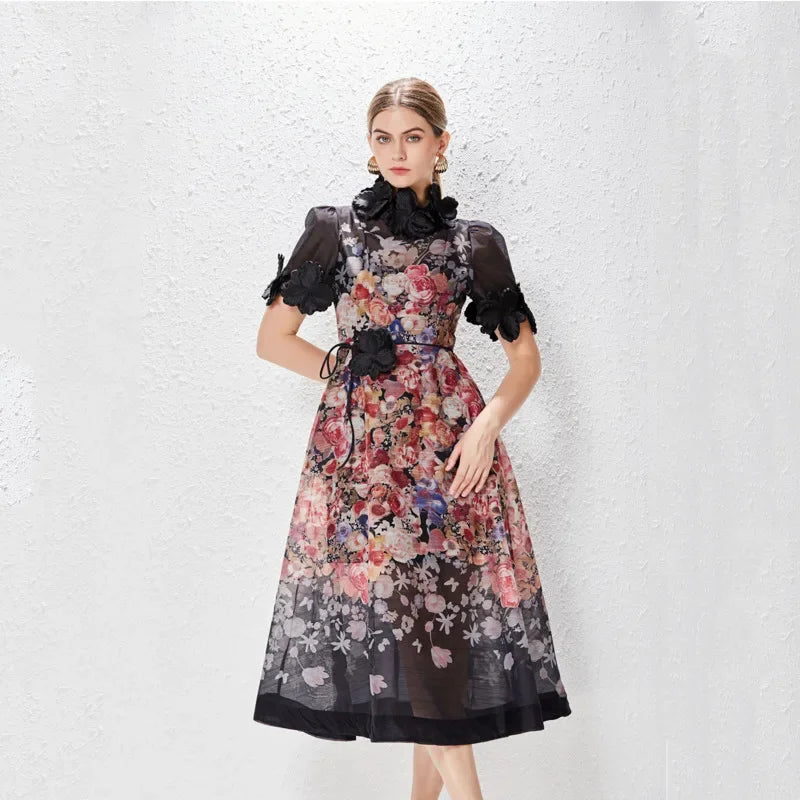 Holiday dress Spring Summer Printed Standing Collar Vestido Midi Vintage Para High End Holiday Dress Lace Women