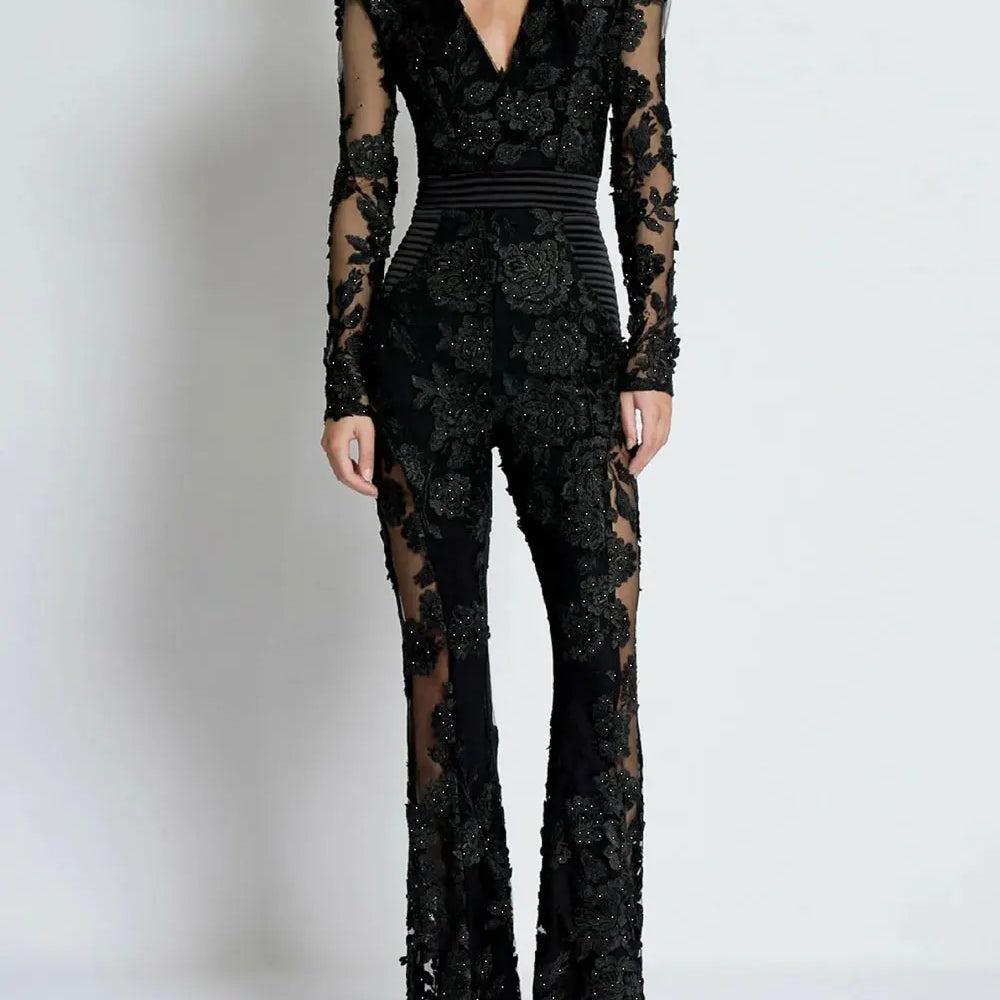 2025 Sexy Women's Light Luxury Embroidered Hot Diamond Patchwork Design jumpsuit V-neck Long sleeved Evening Party Horn jumpsuit