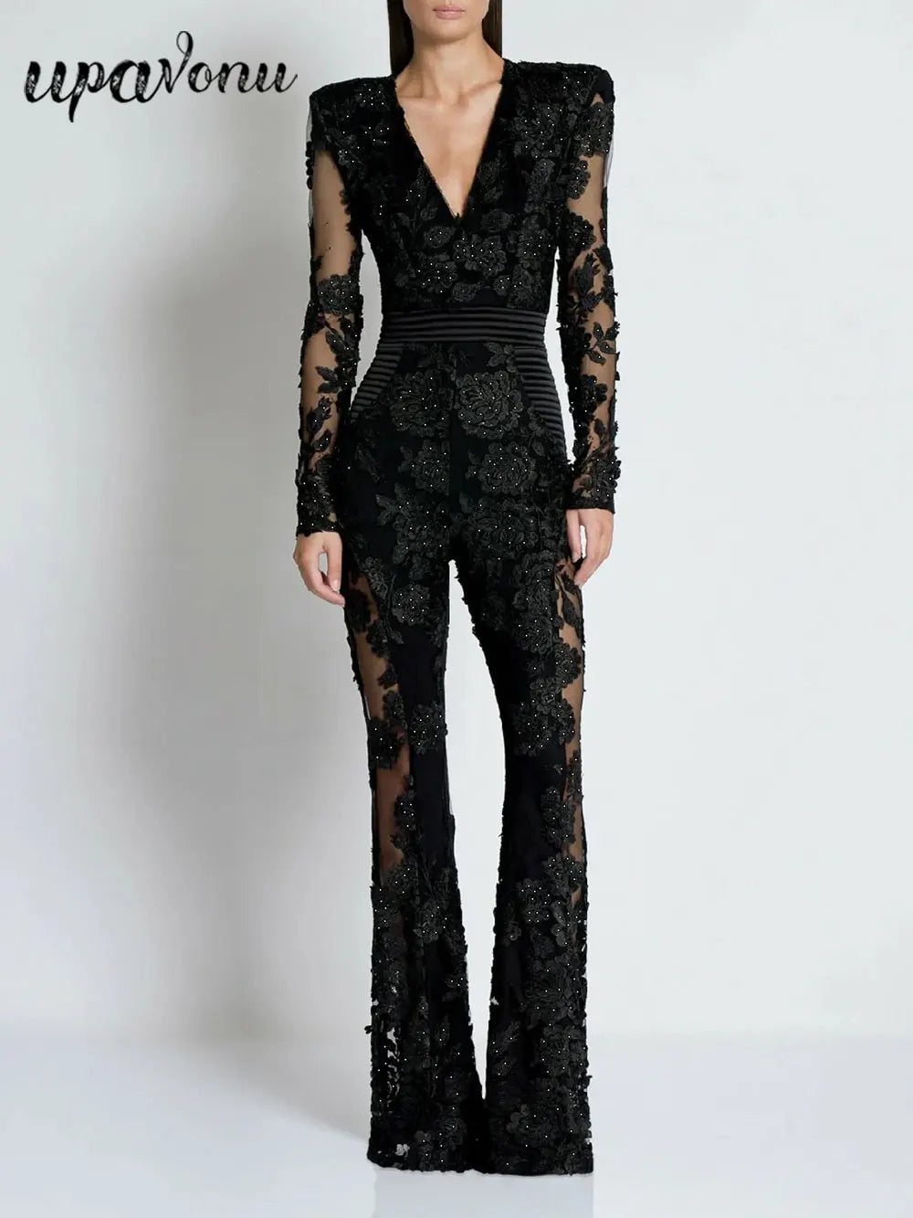 2025 Sexy Women's Light Luxury Embroidered Hot Diamond Patchwork Design jumpsuit V-neck Long sleeved Evening Party Horn jumpsuit