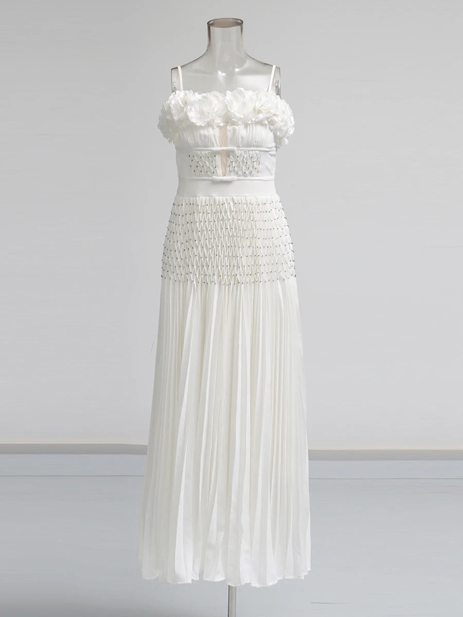 Solid Spliced Appliques Elegant Dresses for Women Deep V Neck Sleeveless Patchwork Folds Dress Female Fashion New WHITE