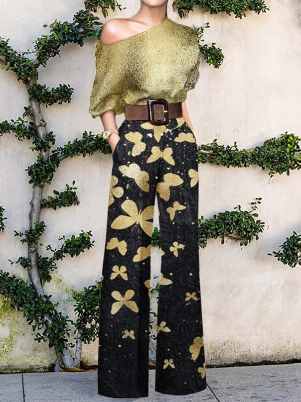 Print Jumpsuit Women Autumn and Spring 2024 New Fashion Long Sleeve Lapel Loose Casual Elegance Green Jumpsuits Print 3 (No Belt)