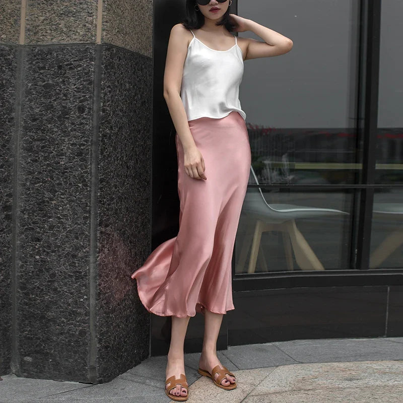 WYWM Summer High Waisted Satin Silk Skirt Women Solid 8 Color Fashion Elegant Ladies Streetwear Skirts Slim A-line Female Dress Pink