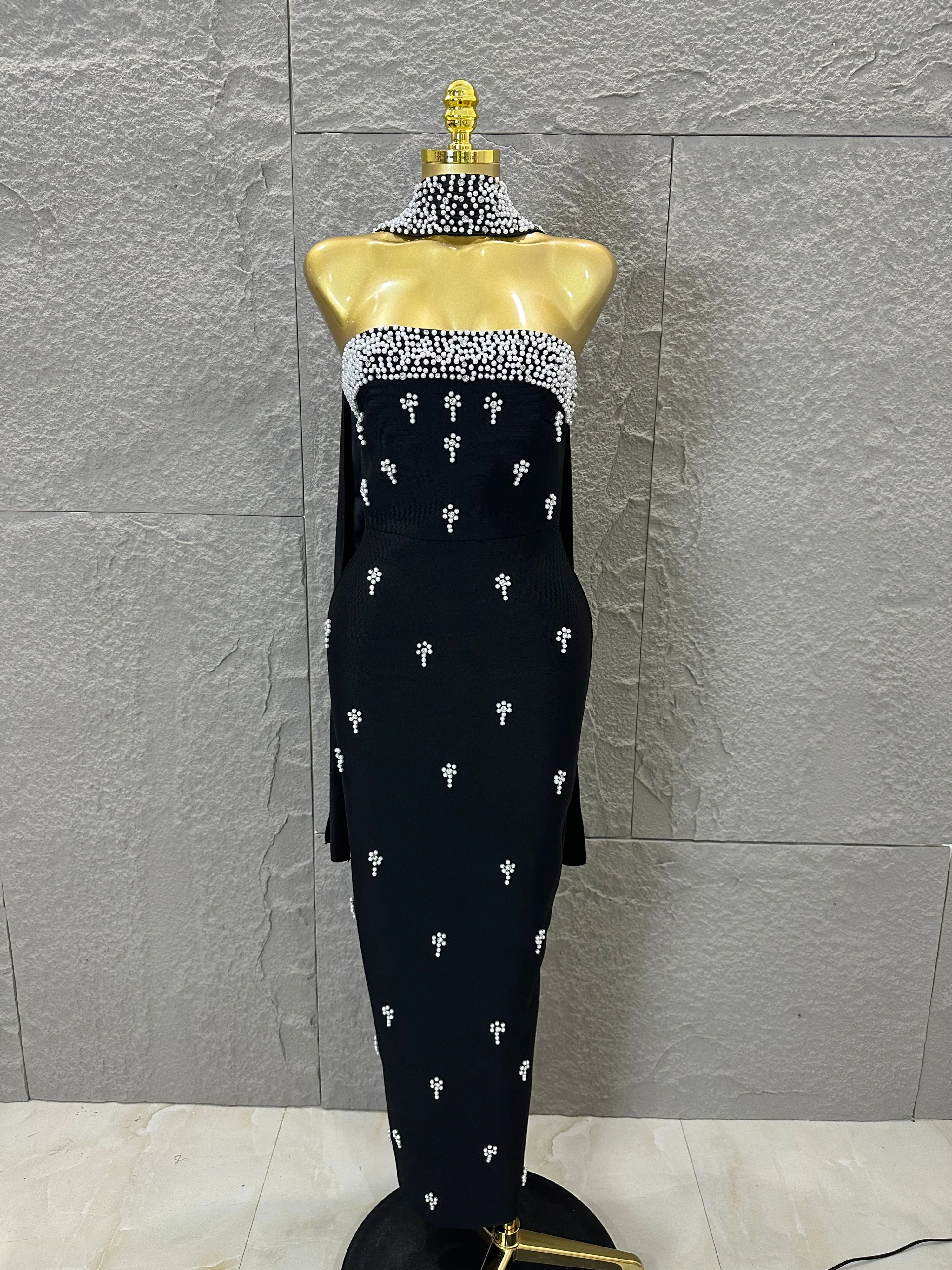 Sexy Black Pearl Studded Maxi Dress Halter Cape Bandage Bodycon Stage Birthday Party Nightclub Celebrate Photo Shoot Out black
