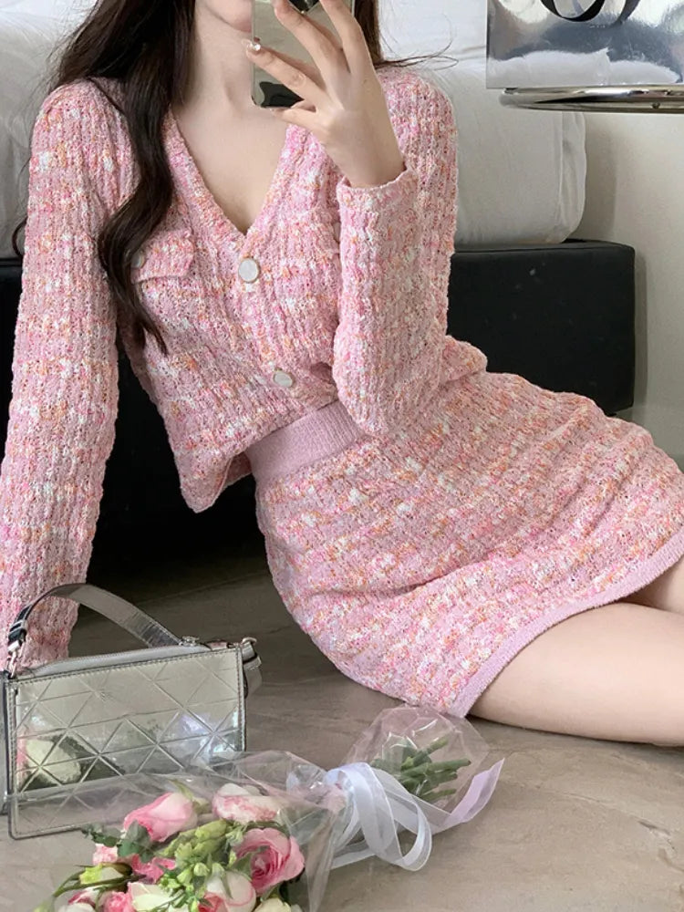 Two Piece Dress Set Sweet Cardigan Sweater + Slim Skirt Pink Elegant Y2k Mini Dress 2022 Autumn Office Lady Casual Knitted Suits