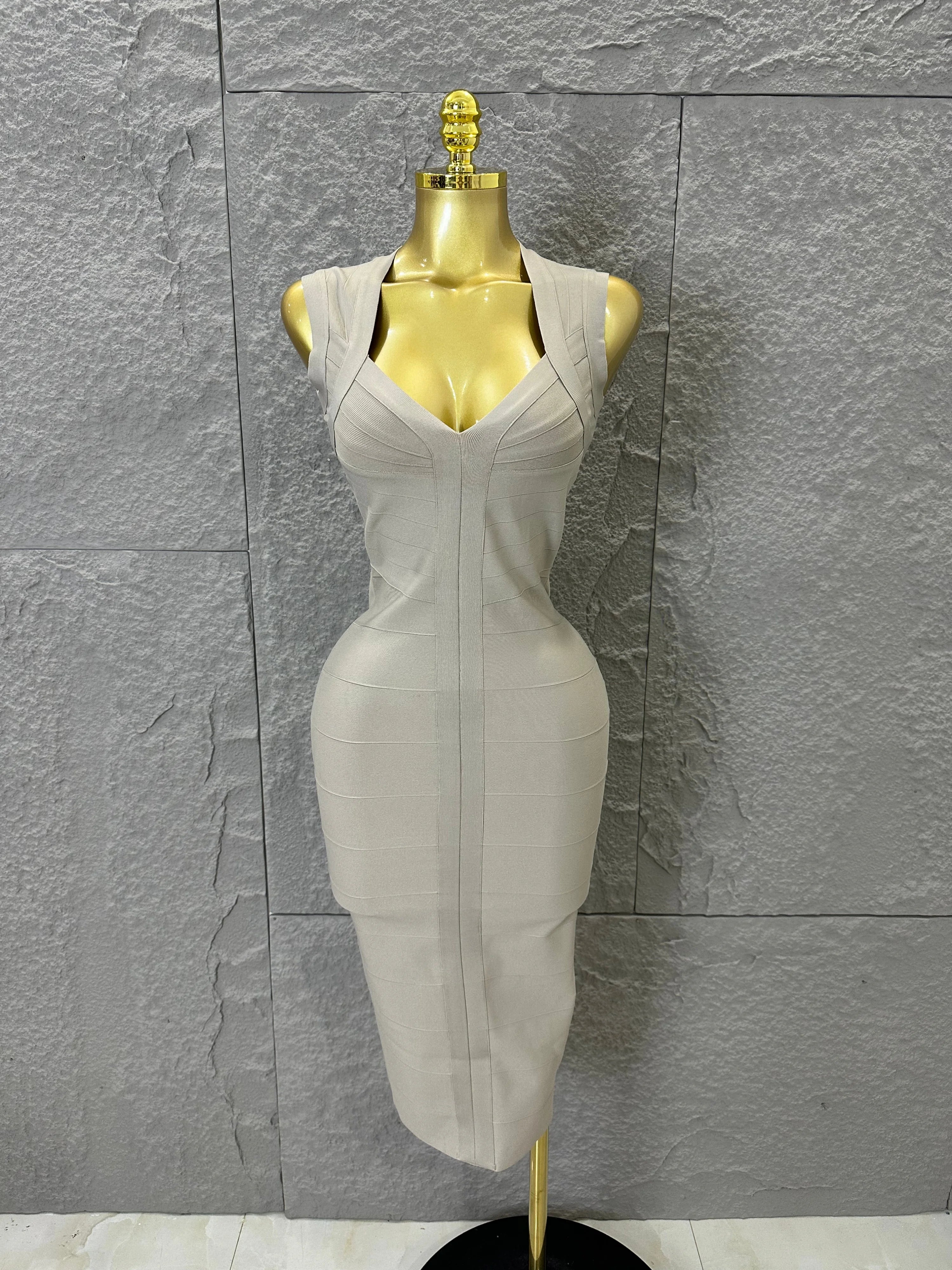 2026 Elegant Beige Bandage Midi Dress Women Sleeveless Deep V Neck Bodycon Cocktail Party Evening Gown Formal Event Wear Khaki