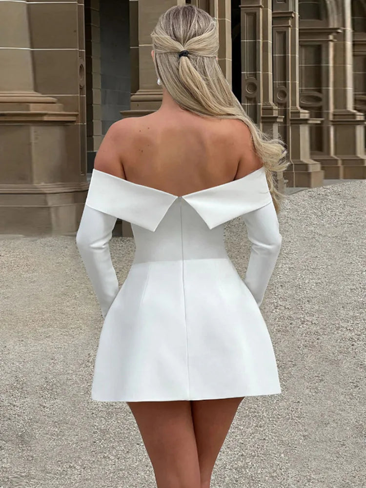 Off-shoulder Long Sleeve Sexy Mini Dress For Women Two Pocket Strapless Backless A-line Club Party Sexy Dress Elegant